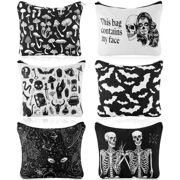 Handbags - 6 Pcs Halloween Makeup Bag Goth Purse Gift for Women Portable Skeleton Cosmetic